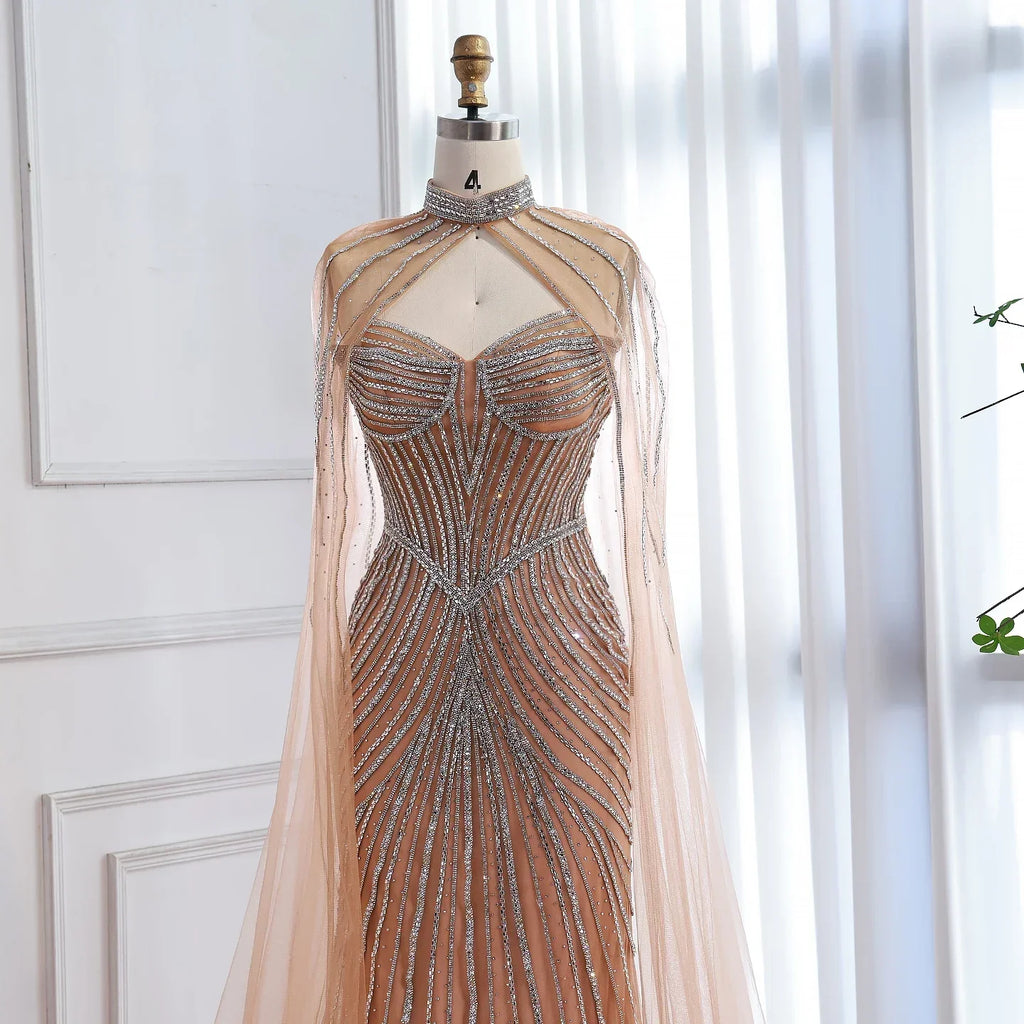 Luxury Nude Mermaid Evening Dress with Cape Sleeves