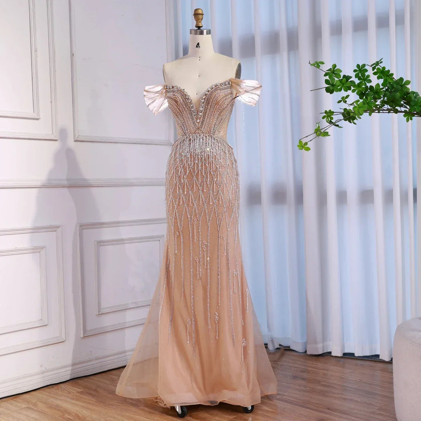 Luxury Nude Off Shoulder Beaded Tassel Evening Dress