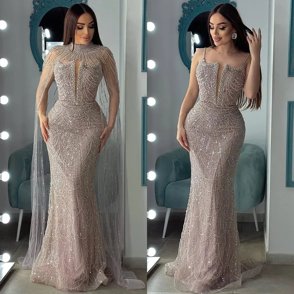 Luxury Evening Dress Nude Pearls Beaded Gown With Tulle Train