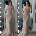 Luxury Evening Dress Nude Pearls Beaded Gown With Tulle Train