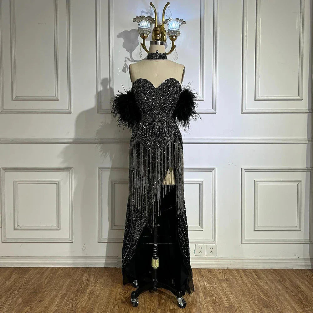 Luxury Silver Nude Mermaid Evening Dress with Beaded Tassel