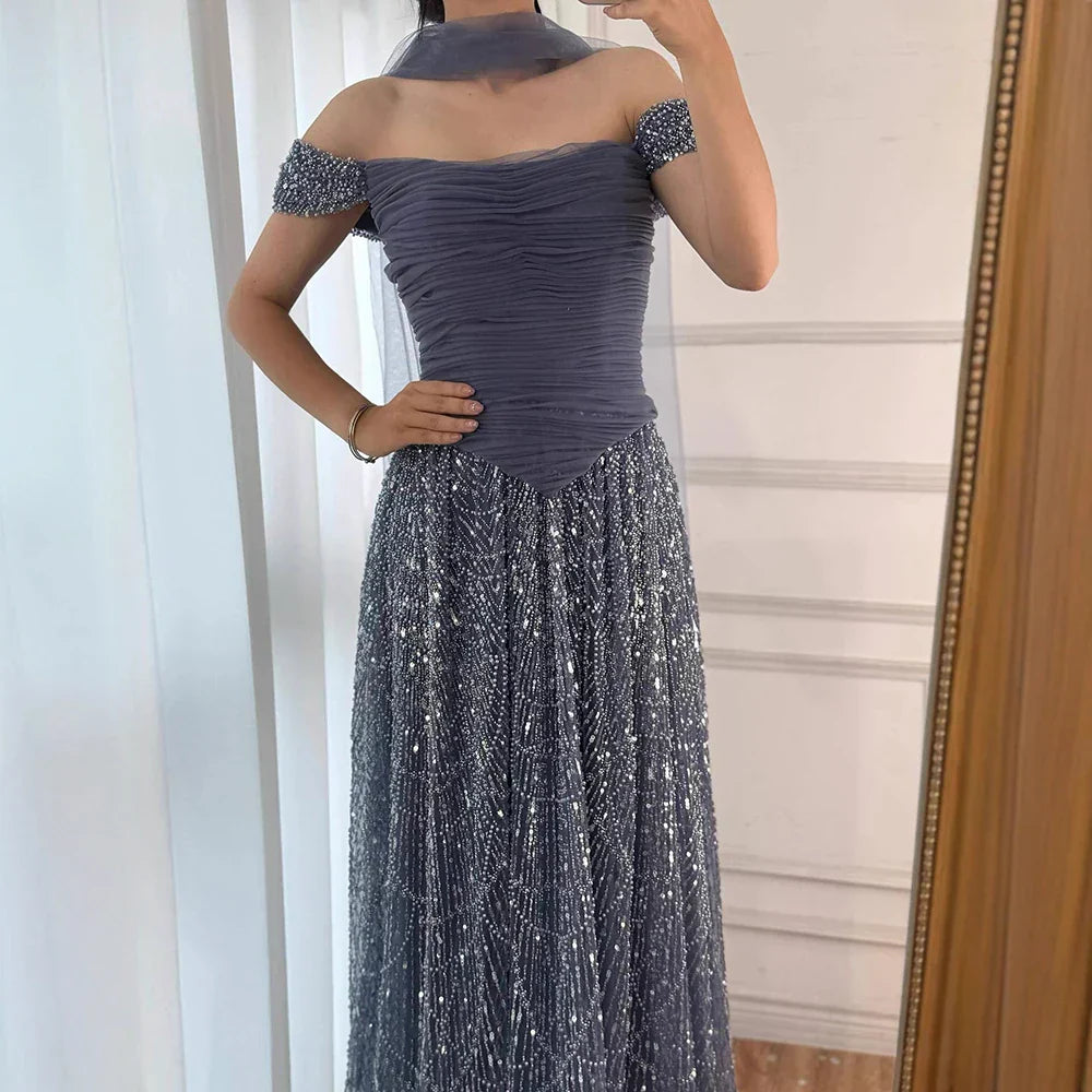 Luxury Arabic Pink Pearls Beaded Evening Dress With Cape