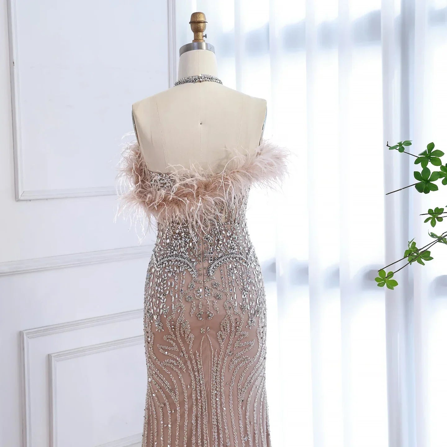 Luxury Nude Halter Feather Crystal Evening Dress