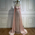 Luxury Arabic Pearls Pink Evening Dress with Cape