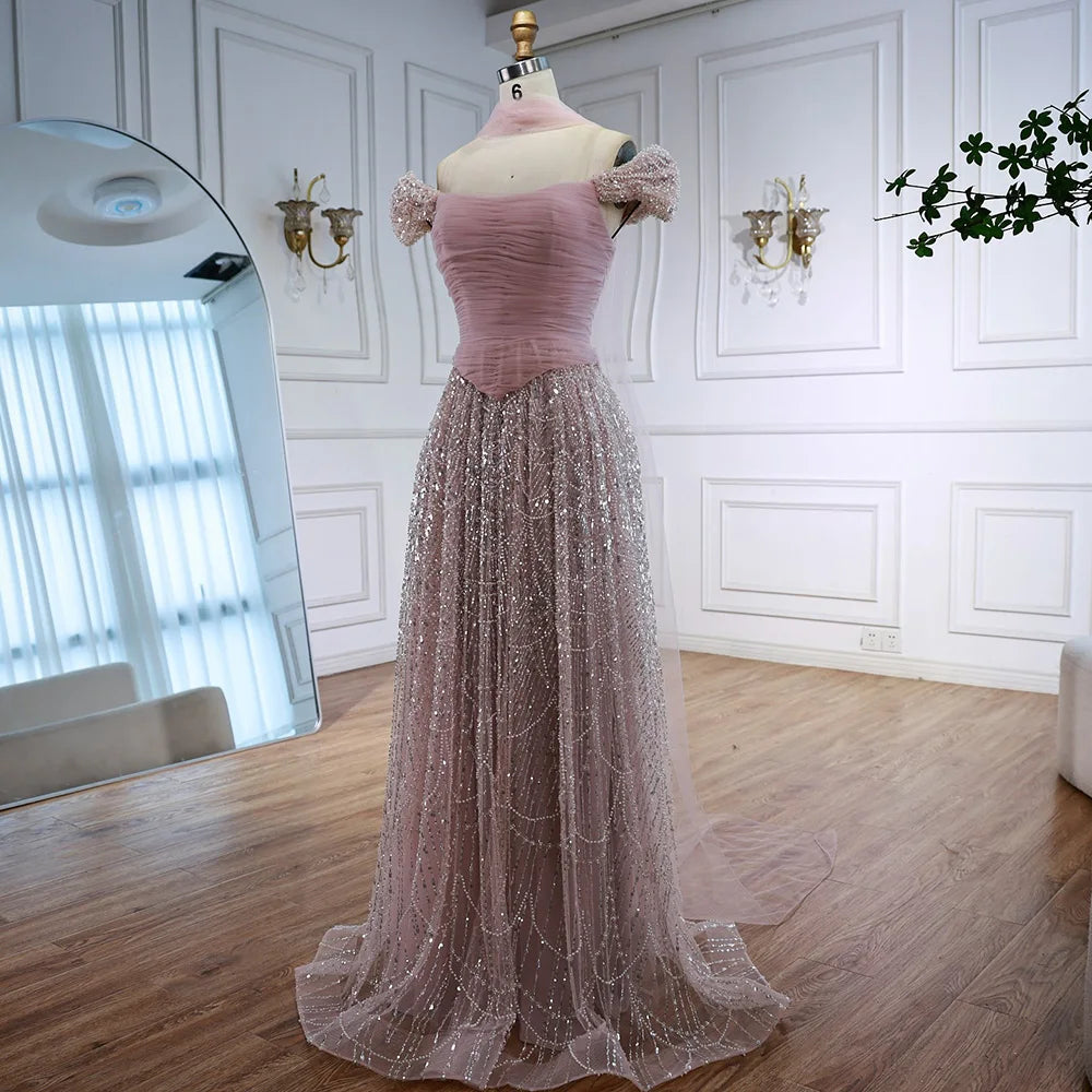 Luxury Arabic Pink Pearls Beaded Evening Dress With Cape