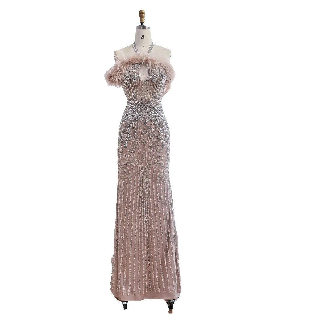 Luxury Nude Halter Feather Crystal Evening Dress