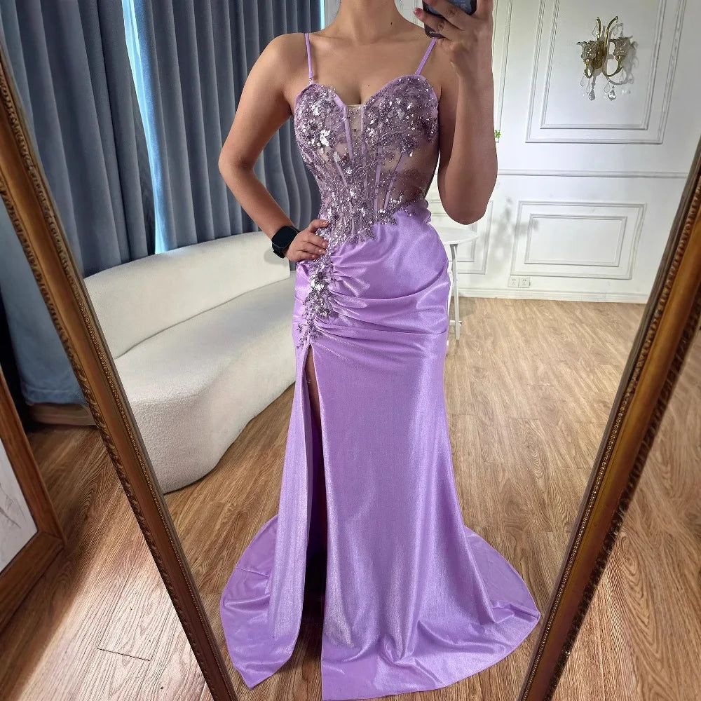 Classy Navy Satin Prom Dress with Lace Beaded and Slit
