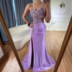 Classy Navy Satin Prom Dress with Lace Beaded and Slit
