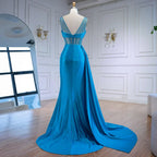 Blue Prom Dress with Side Overskirt Spaghetti Straps