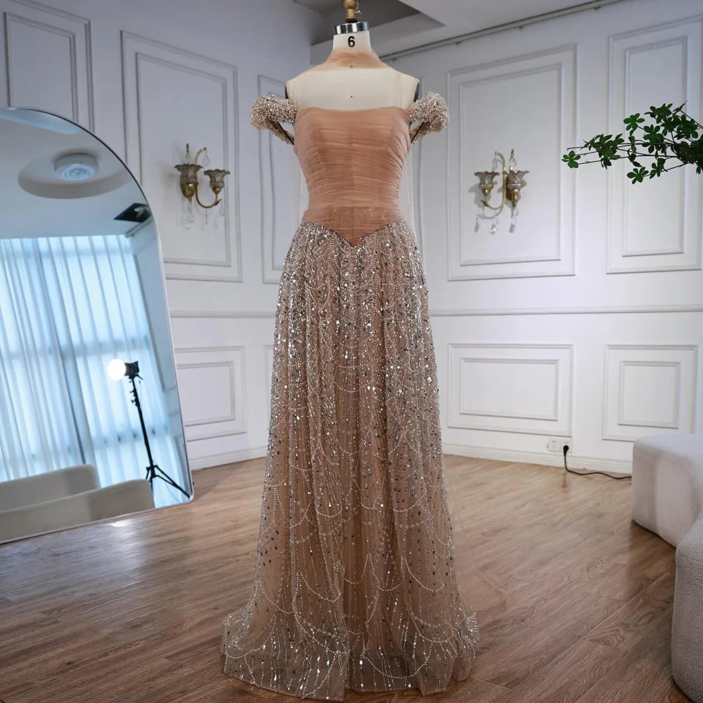 Luxury Arabic Pink Pearls Beaded Evening Dress With Cape
