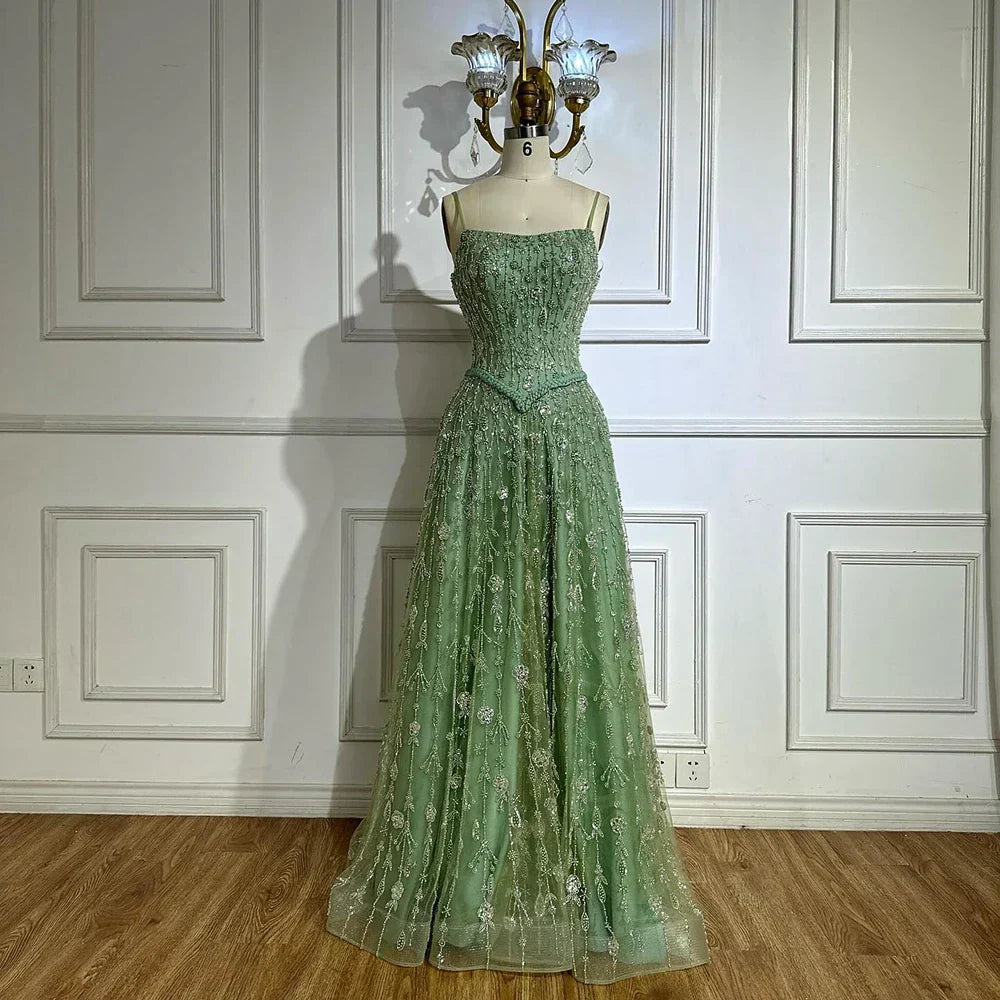 Luxury Sage Green Beaded A-Line Spaghetti Strap Evening Dress
