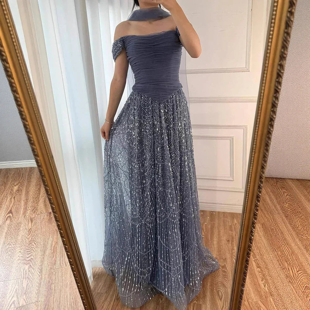 Luxury Arabic Pink Pearls Beaded Evening Dress With Cape