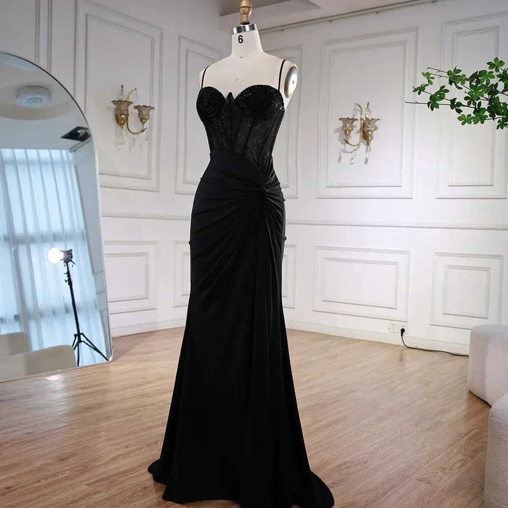 Black Beaded Classy Prom Dress with Spaghetti Straps