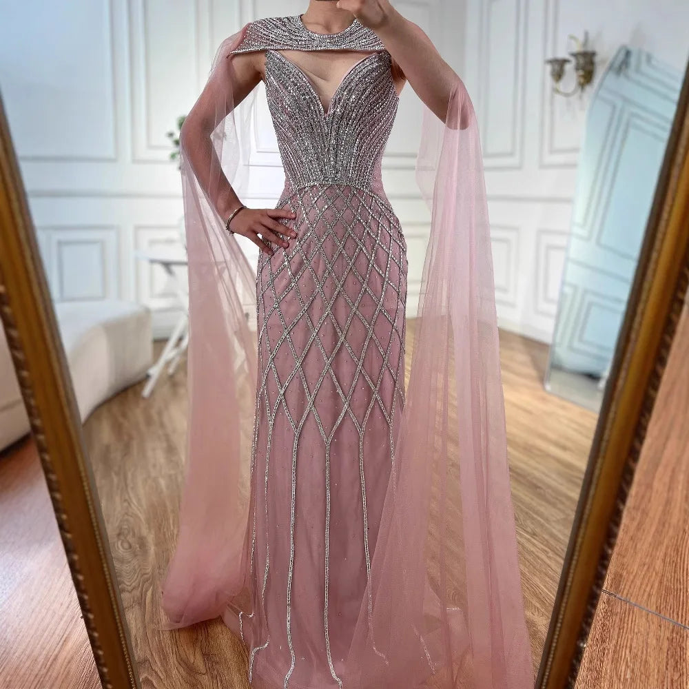 Luxury Nude Beaded Mermaid Evening Dress with Cape