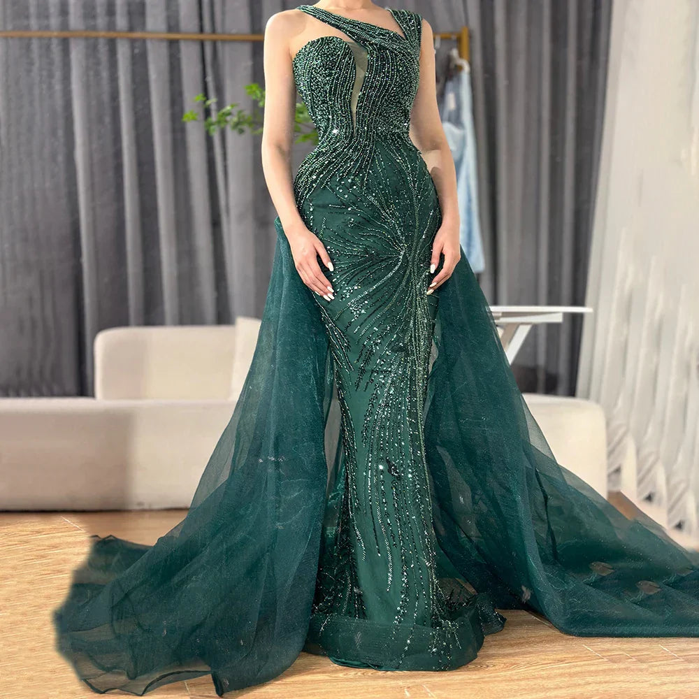 Luxury Dubai &nbsp; Nude Mermaid Green Evening Gown with Elegant One Shoulder Overskirt for Formal Occasion&nbsp;