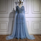 Elegant Beaded A-Line Evening Dress with Cape Sleeves