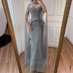 Luxury Gray Beaded Off-Shoulder Evening Dress with Cape Sleeves