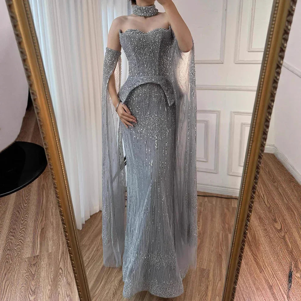 Luxury Gray Beaded Off-Shoulder Evening Dress with Cape Sleeves