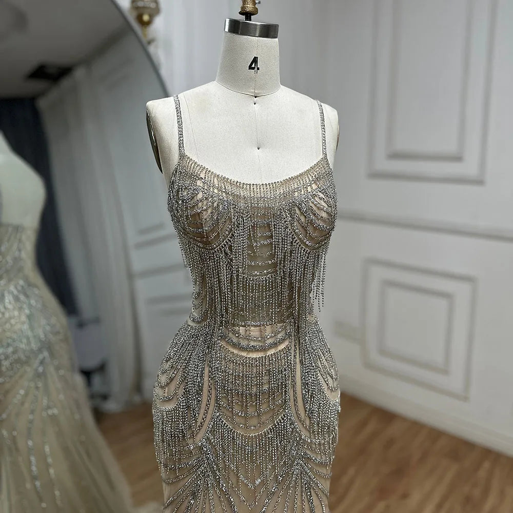 Luxury Nude Pink Crystal Tassel Mermaid Evening Dress