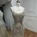 Luxury Nude Pink Crystal Tassel Mermaid Evening Dress