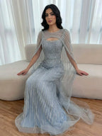 Luxury Blue Diamond Evening Dress With Cape