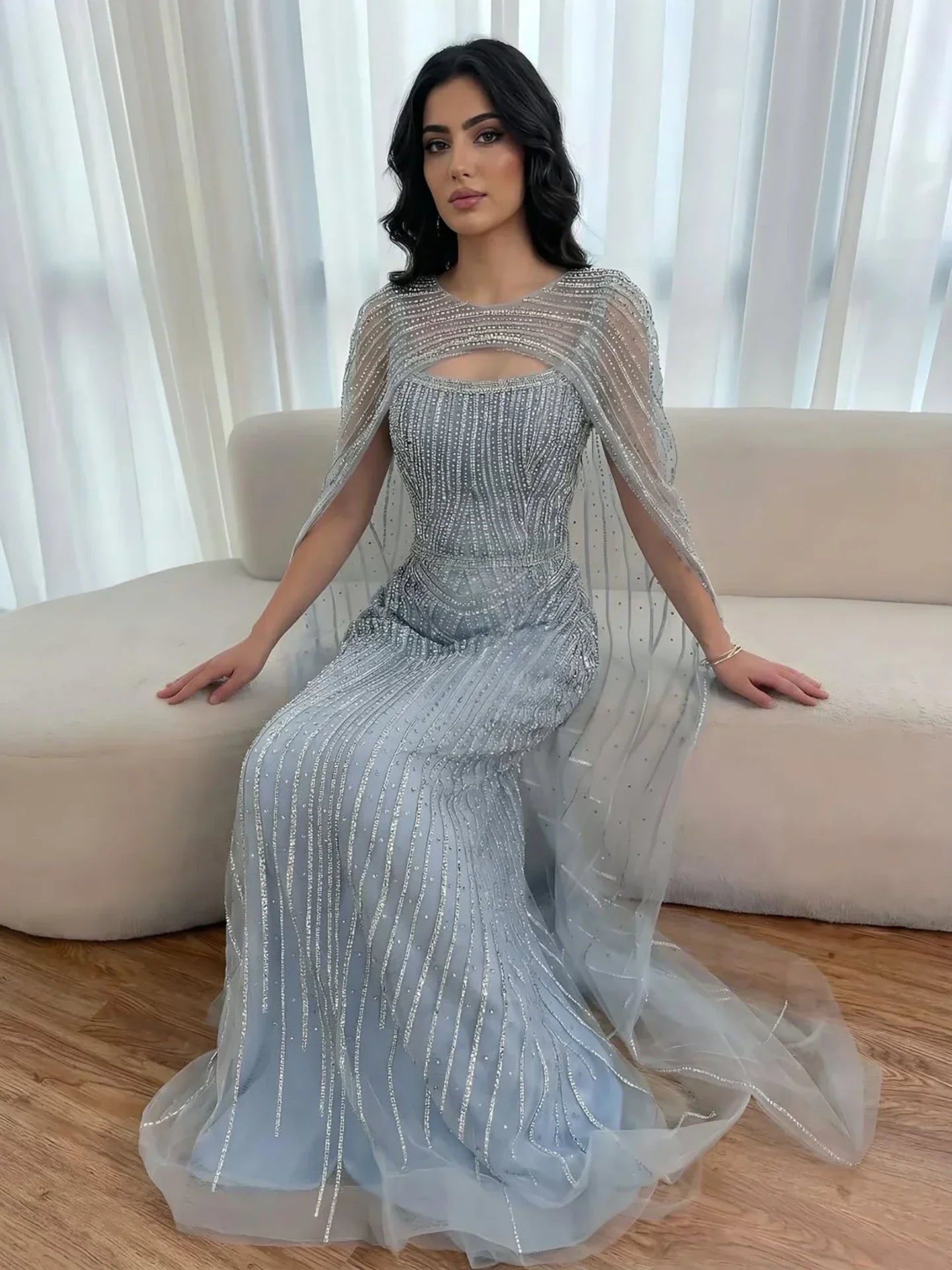 Luxury Blue Diamond Evening Dress With Cape