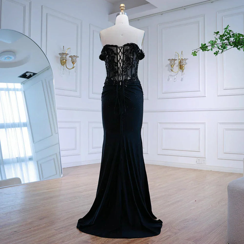 Classy Black Off-Shoulder Lace Prom Dress