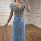 Luxury Dubai Blue Mermaid Evening Dress with Pearls and Feathers