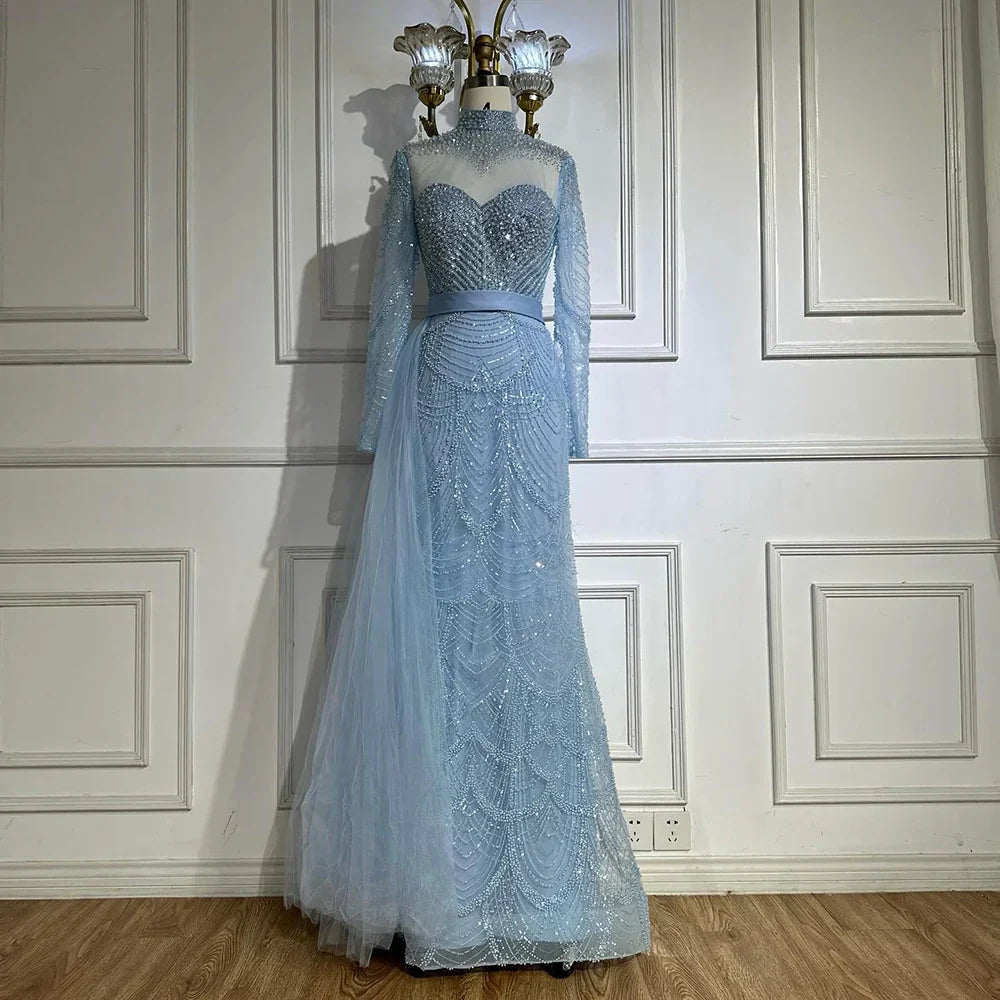 Luxury Brown Beaded Mermaid Evening Dress with Side Overskirt
