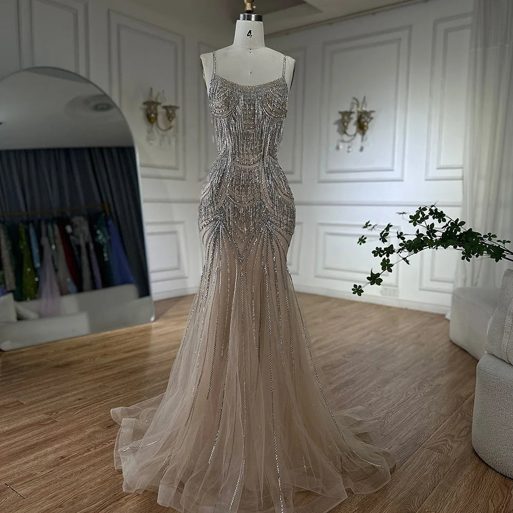 Luxury Nude Pink Crystal Tassel Mermaid Evening Dress