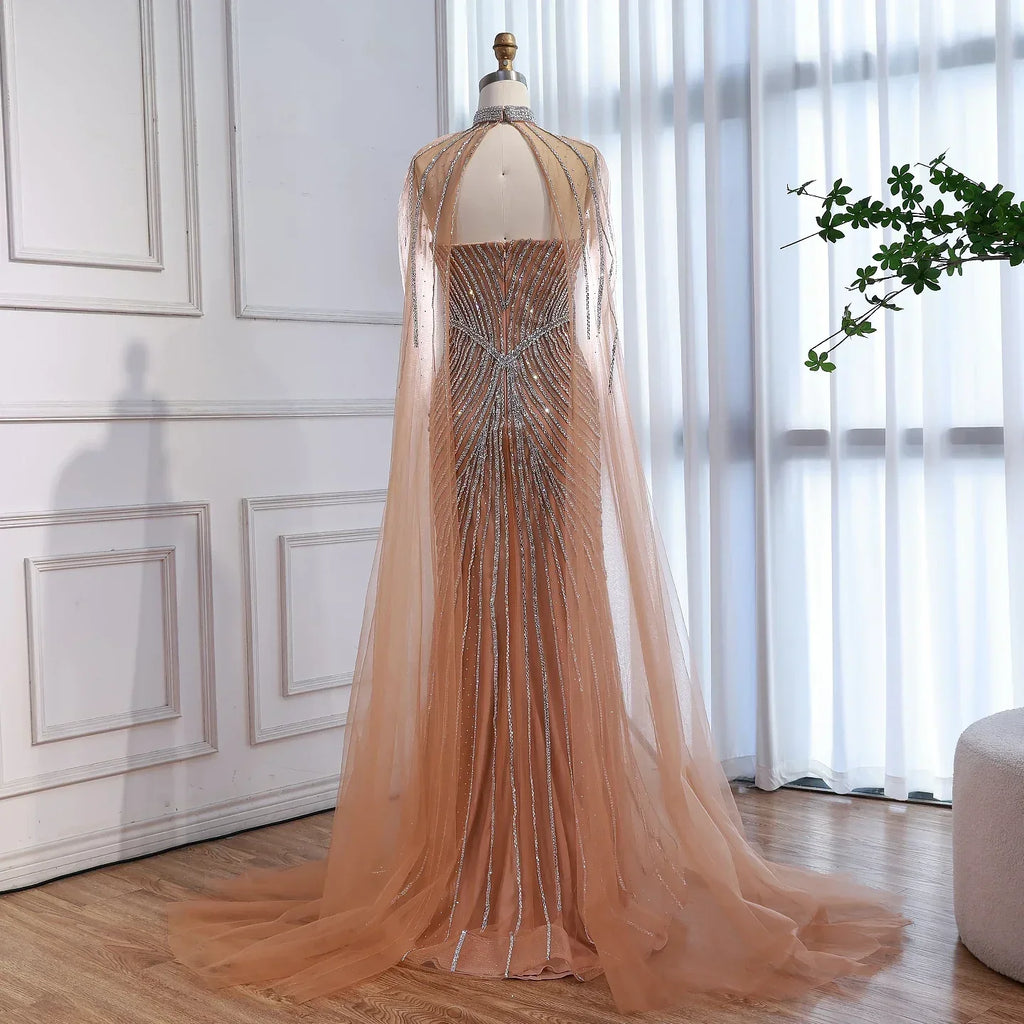 Luxury Nude Mermaid Evening Dress with Cape Sleeves