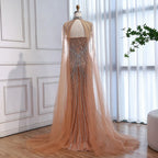Luxury Nude Mermaid Evening Dress with Cape Sleeves