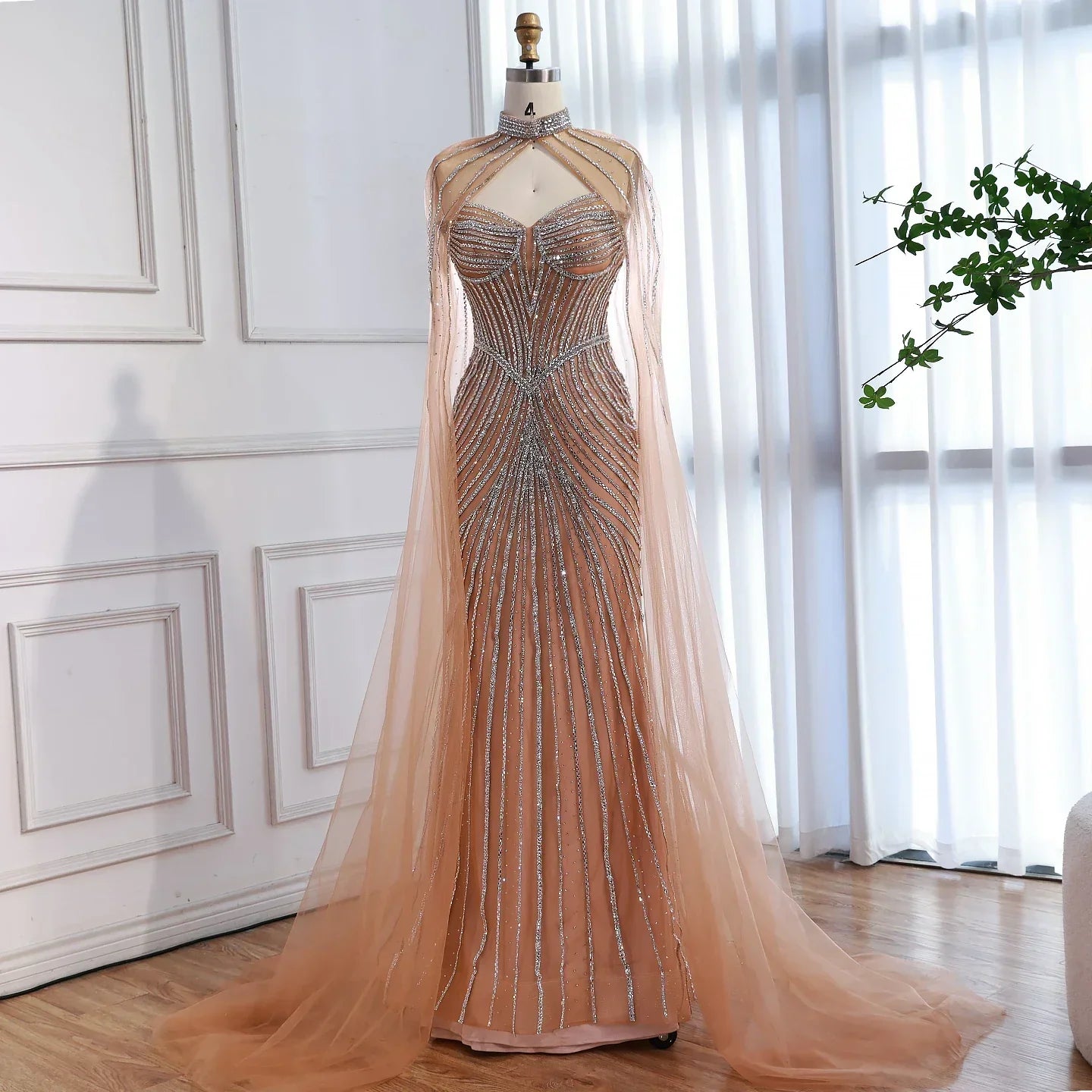 Luxury Nude Mermaid Evening Dress with Cape Sleeves