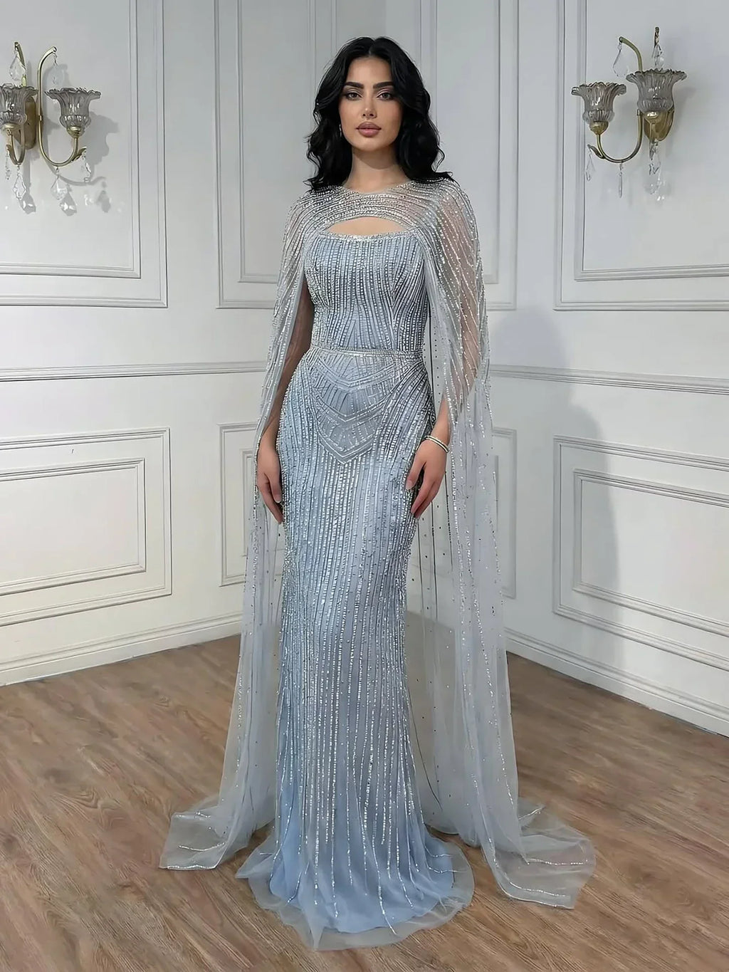 Luxury Blue Diamond Evening Dress With Cape