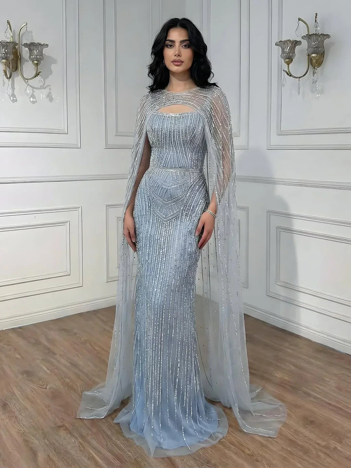 Luxury Blue Diamond Evening Dress With Cape