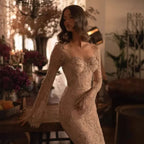 Luxury Arabic Lace Beaded Mermaid Evening Dress with Sleeves