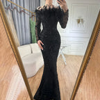 Luxury Dubai Green Long Sleeves Feathers Beaded Evening Dress