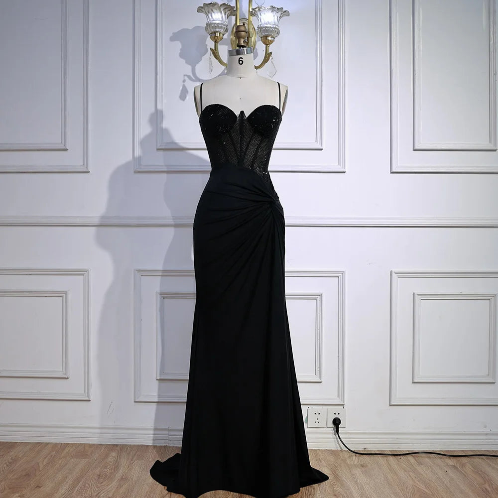 Black Beaded Classy Prom Dress with Spaghetti Straps