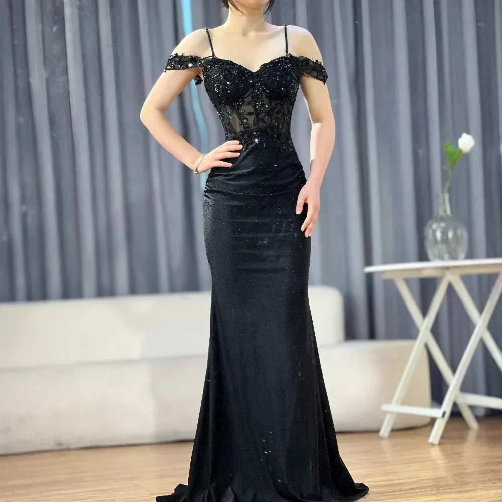 Classy Black Off-Shoulder Lace Prom Dress