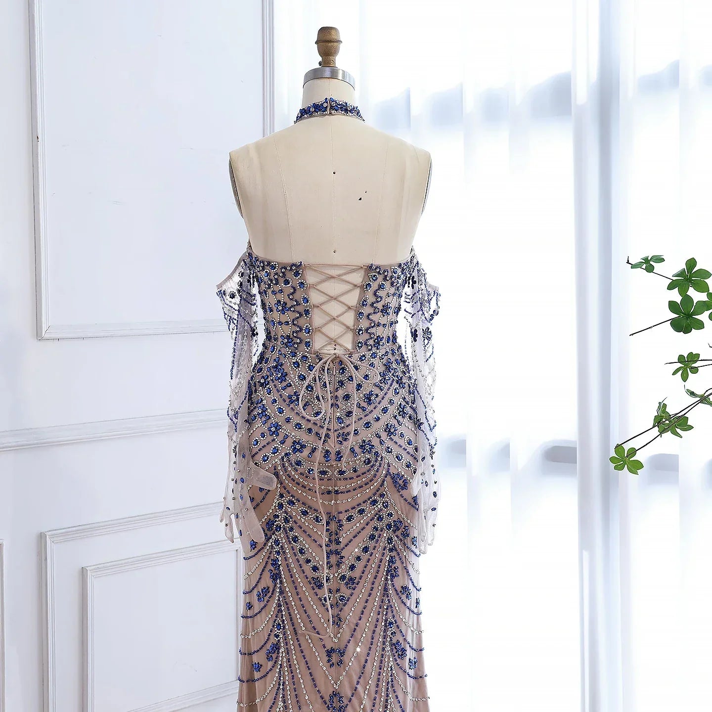 Luxury Kosovo Blue Evening Dress With Gloves