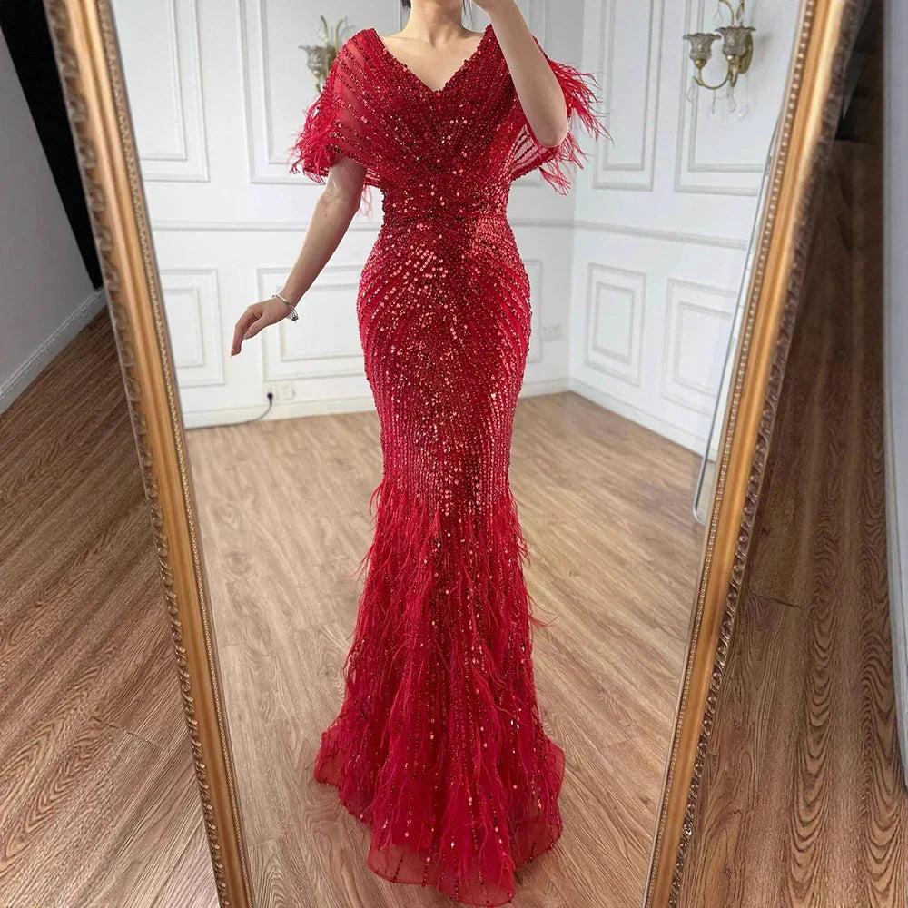 Luxury Arabic Red Mermaid Evening Dress with Feathers Beaded