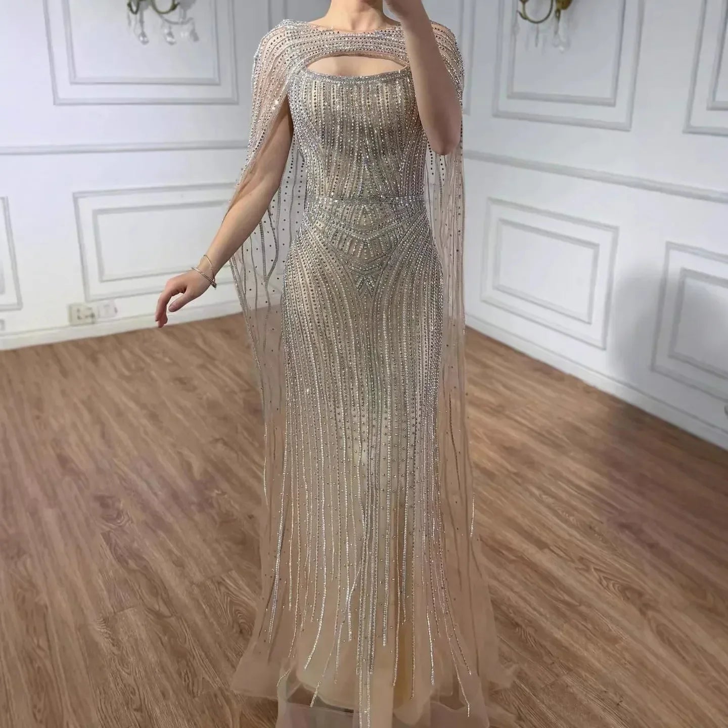 Luxury Blue Diamond Evening Dress With Cape