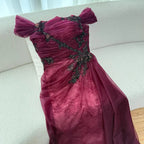 Elegant Wine Red Off Shoulder Lace Evening Dress with Appliques