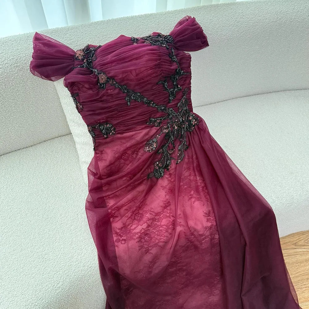 Elegant Wine Red Off Shoulder Lace Evening Dress with Appliques