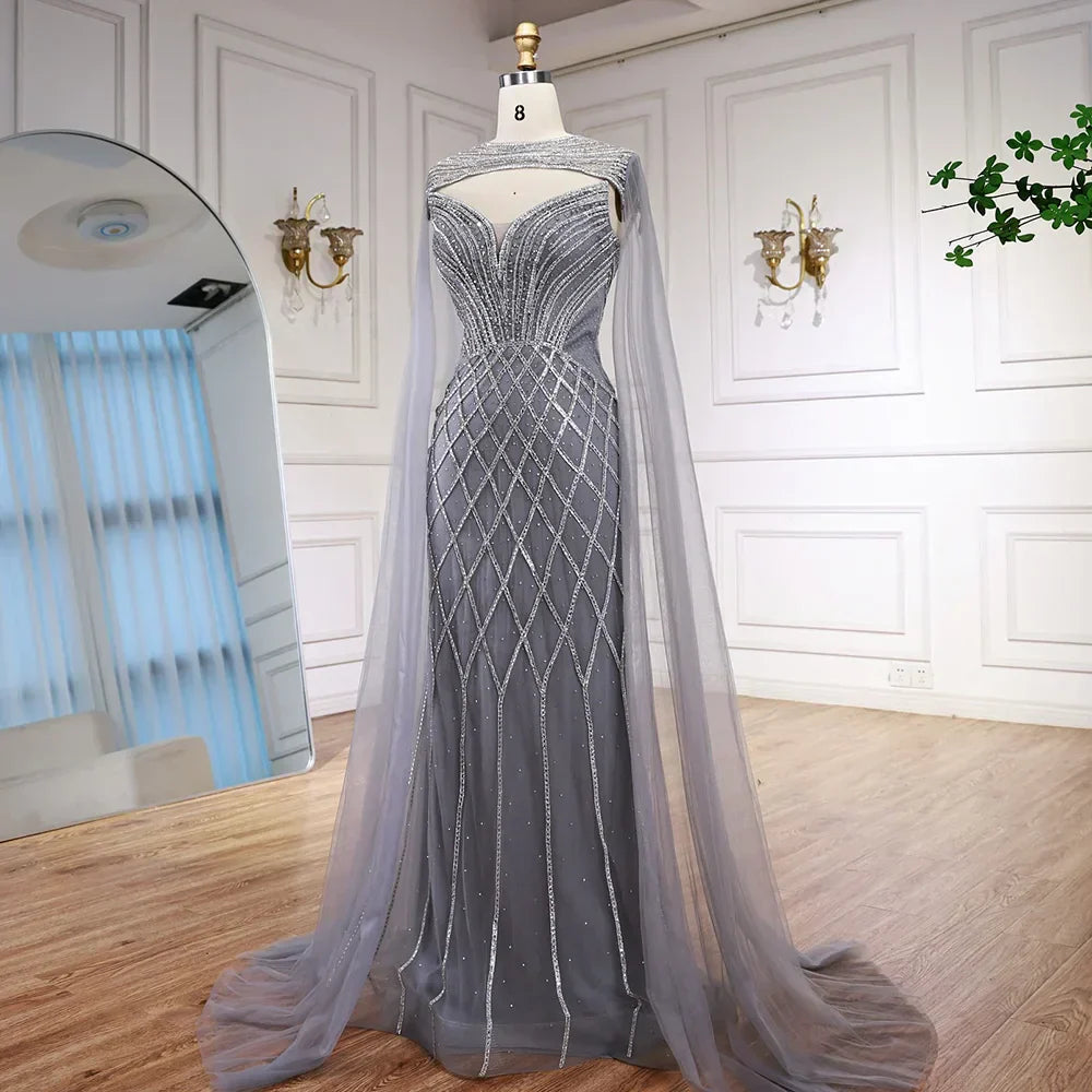 Luxury Nude Beaded Mermaid Evening Dress with Cape