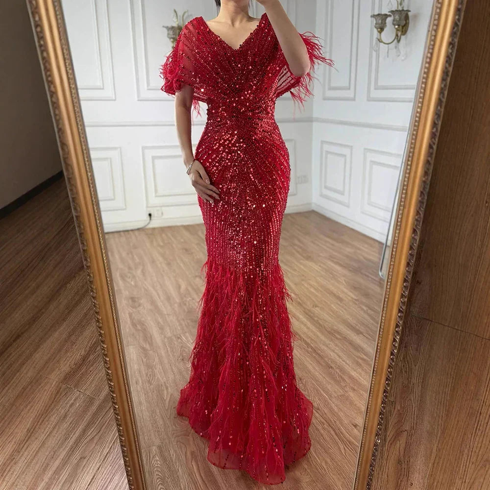Luxury Arabic Red Mermaid Evening Dress with Feathers Beaded