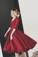 Half Sleeves Lace V Neck Homecoming Dress Short Prom Dress