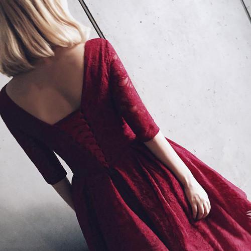 Half Sleeves Lace V Neck Homecoming Dress Short Prom Dress