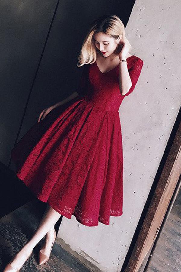 Half Sleeves Lace V Neck Homecoming Dress Short Prom Dress