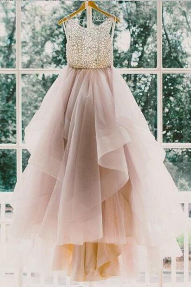 Tulle High Neck Scoop Neck Sleeveless Prom Dress with Sweep Train